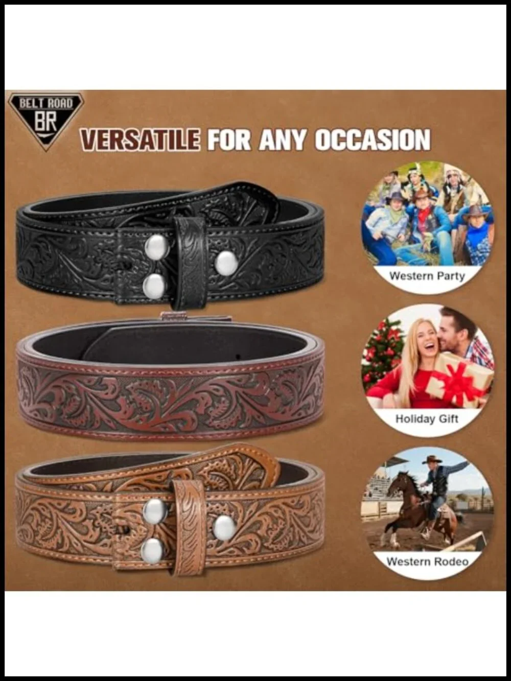 3 Pack Western Belts Without Buckle Genuine Leather Cowboy Belt